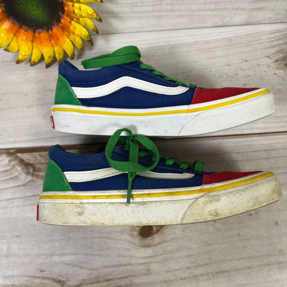 Vans Old Skool‎ Youth Skate Shoes Red Blue Green White Lace Up Low Top